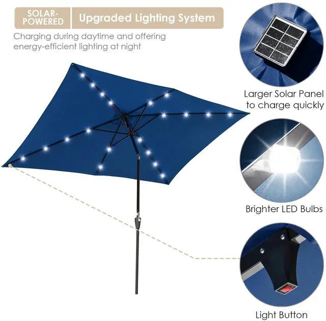 Alt view image 3 of 7 - Yescom 10x6.5FT Rectangle Outdoor Solar LED Patio Umbrella with Crank Tilt for Table Market Yard Deck Pool Party Navy