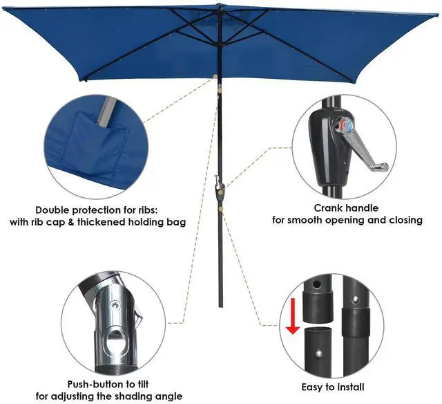 Alt view image 5 of 7 - Yescom 10x6.5FT Rectangle Outdoor Solar LED Patio Umbrella with Crank Tilt for Table Market Yard Deck Pool Party Navy