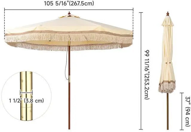 Alt view image 6 of 7 - LAGarden BOHO 9' Fringe Patio Umbrella with Tassels UPF50+ Boho Style 5-Year-Non-Fading for Outdoor Yard Market Butter Twisted Root