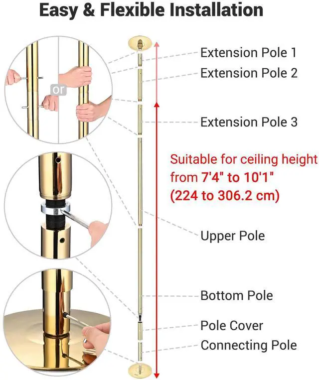 Alt view image 2 of 7 - Yescom 10 FT Spinning Static Dancing Pole Kit w/ Extensions Fitness Dance Exercise Gold