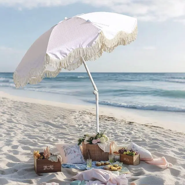 Alt view image 2 of 7 - LAGarden Ocean 6 Ft Beach Umbrella with 8 Ribs Sand Anchor Push Button Tilt with Heavier Tassle Carry Bag Outdoor Beach Pool Party Purple Stripe