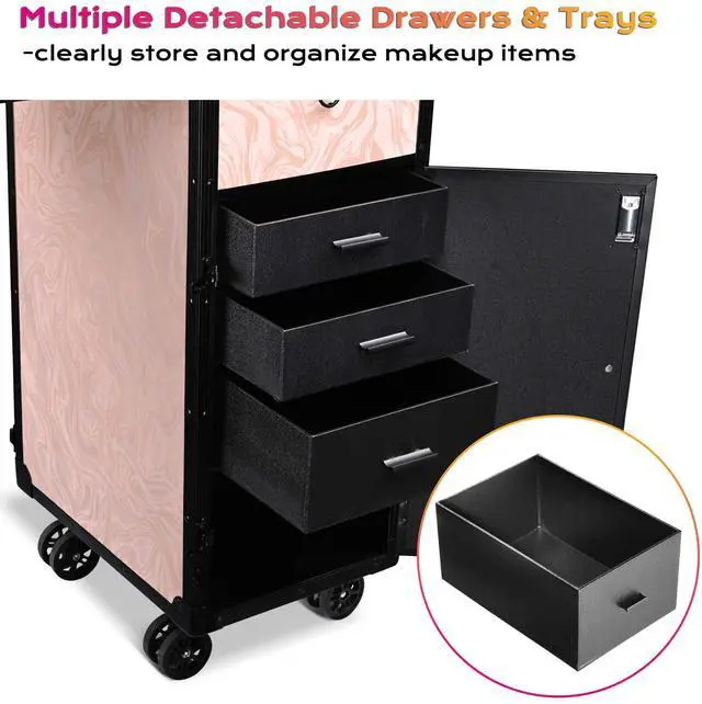 Alt view image 4 of 7 - Byootique Rolling Nail Table w/ Makeup Case Cosmetic Organizer Aluminum Pink