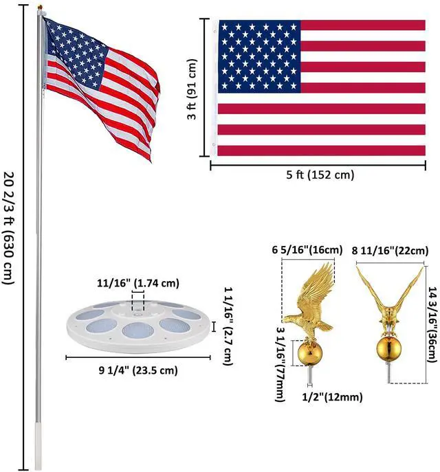 Alt view image 7 of 7 - Yescom Bravery 20ft Eagle Topper Sectional Aluminum Flag Pole Kit with Solar Light US Flag Ball Top for Outside, Silver