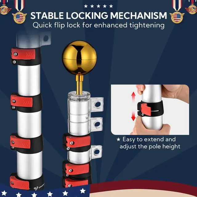 Alt view image 3 of 7 - Yescom EZ GO 20ft Telescopic Flag Pole Kit Upgrade Rotating Lock for Outside Inground with 3x5' US Flag Ball Top Silver