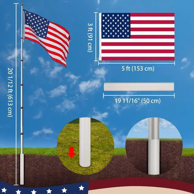 Alt view image 7 of 7 - Yescom EZ GO 20ft Telescopic Flag Pole Kit Upgrade Rotating Lock for Outside Inground with 3x5' US Flag Ball Top Silver