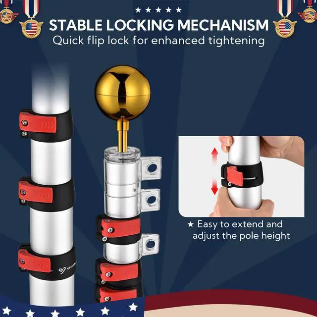 Alt view image 3 of 7 - Yescom EZ GO 25ft Telescopic Flag Pole Kit Upgrade Rotating Lock for Outside Inground with 3x5' US Flag Ball Top Silver