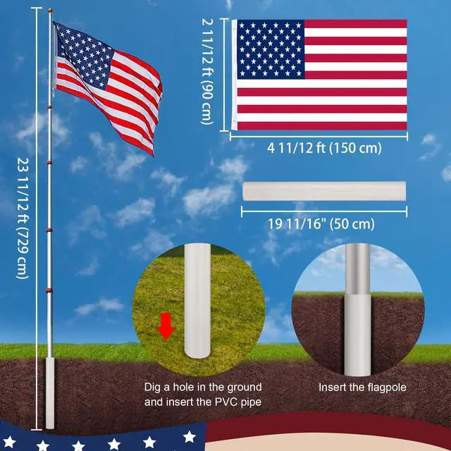 Alt view image 7 of 7 - Yescom EZ GO 25ft Telescopic Flag Pole Kit Upgrade Rotating Lock for Outside Inground with 3x5' US Flag Ball Top Silver