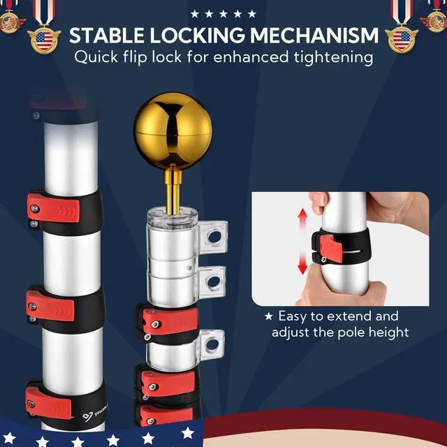 Alt view image 3 of 7 - Yescom EZ GO 30ft Telescopic Flag Pole Kit Upgrade Rotating Lock for Outside Inground with 3x5' US Flag Ball Top Silver
