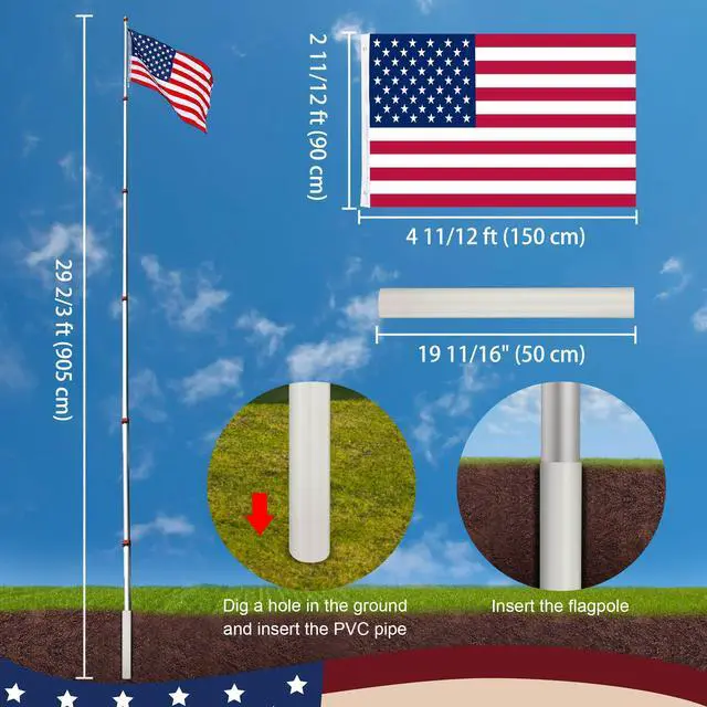 Alt view image 7 of 7 - Yescom EZ GO 30ft Telescopic Flag Pole Kit Upgrade Rotating Lock for Outside Inground with 3x5' US Flag Ball Top Silver