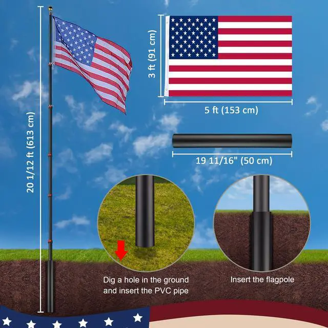 Alt view image 7 of 7 - Yescom EZ GO 20 Ft Aluminum TelescopingFlag Pole 3x5 American Flag Ball Top Outdoor Black