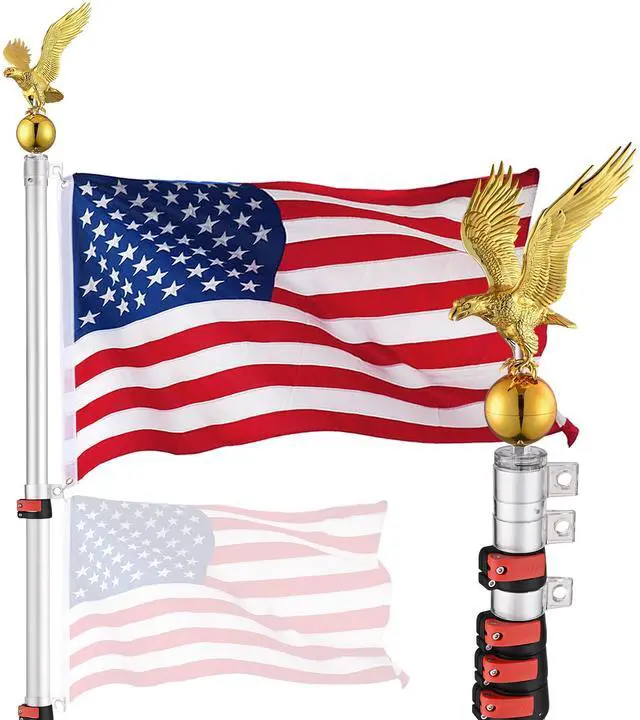 Main image of Yescom EZ GO 20ft Eagle Topper Telescopic Flag Pole Kit Upgraded Rotating Lock Outside 3x5' US Flag Ball Final Silver