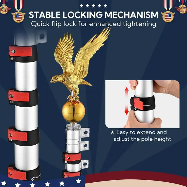 Alt view image 3 of 7 - Yescom EZ GO 20ft Eagle Topper Telescopic Flag Pole Kit Upgraded Rotating Lock Outside 3x5' US Flag Ball Final Silver