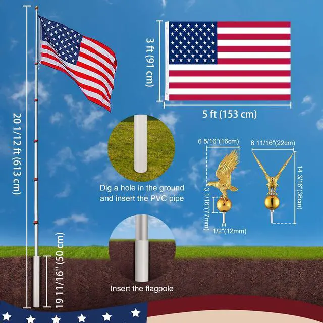 Alt view image 7 of 7 - Yescom EZ GO 20ft Eagle Topper Telescopic Flag Pole Kit Upgraded Rotating Lock Outside 3x5' US Flag Ball Final Silver