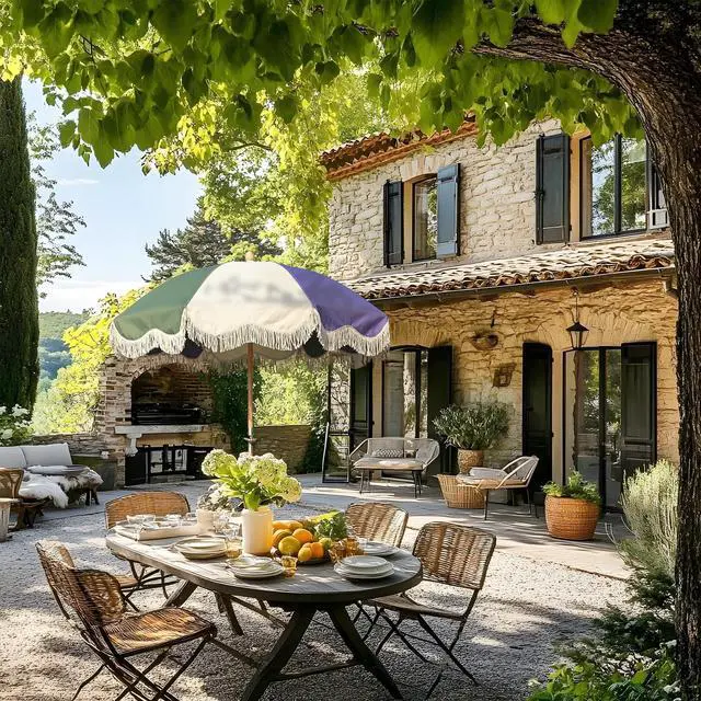 Alt view image 2 of 7 - LAGarden Palm Springs 6Ft Patio Fringe Umbrella with Tassel Carry Bag Outdoor Vintage Wood Garden Parasol Purple Green