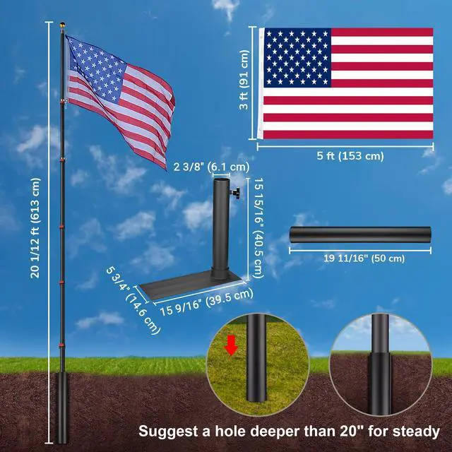 Alt view image 7 of 7 - Yescom EZ GO 20ft Telescopic Flag Pole Kit Wheel Tire Mount Stand Upgrade Rotating Lock Outdoor Camper RV Tailgate Black