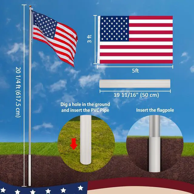 Alt view image 6 of 7 - Yescom Bravery 20ft 13 Gauge Thicken Sectional Flag Pole Kit for Outside House with USA Flag Top Sliver