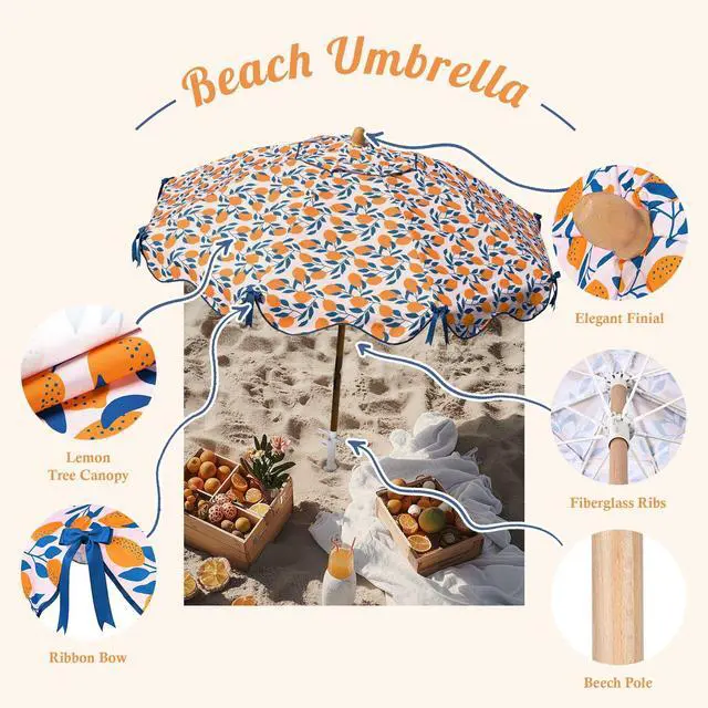 Alt view image 4 of 7 - LAGarden Our Beach Umbrella for 6ft Beech Wood Pole w/ Tablecloth Printed Lemon Tree for Outdoor Garden Summer Event Planning Small Patio Balcony