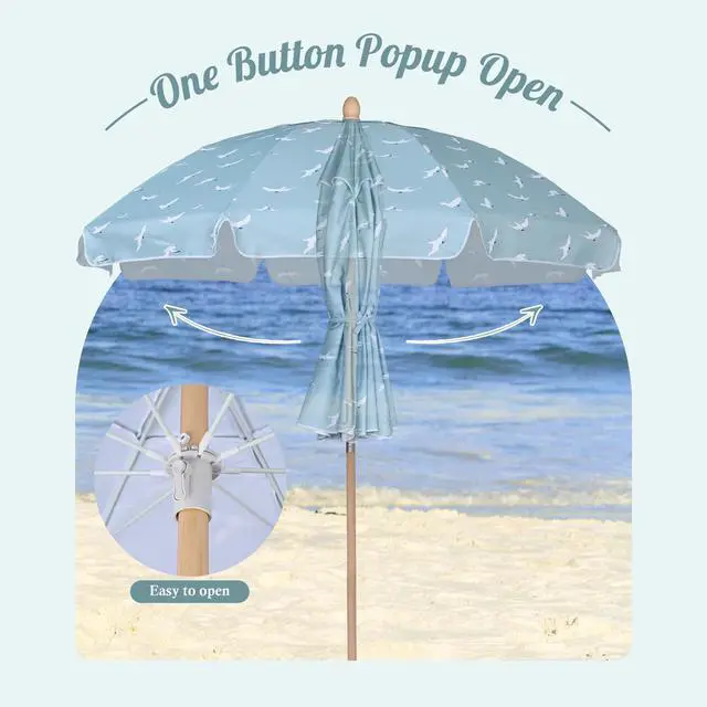 Alt view image 6 of 7 - LAGarden Our Beach Portable Umbrella for Sand Beech Wood Pole Carry Bag with Printed Seagull Cute Garden Parasol