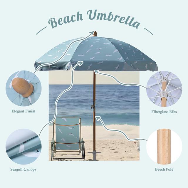 Alt view image 4 of 7 - LAGarden Our Beach Umbrella for 6ft Beech Wood Pole w/ Tablecloth Printed Seagull for Outdoor Garden Summer Event Planning Small Patio Balcony