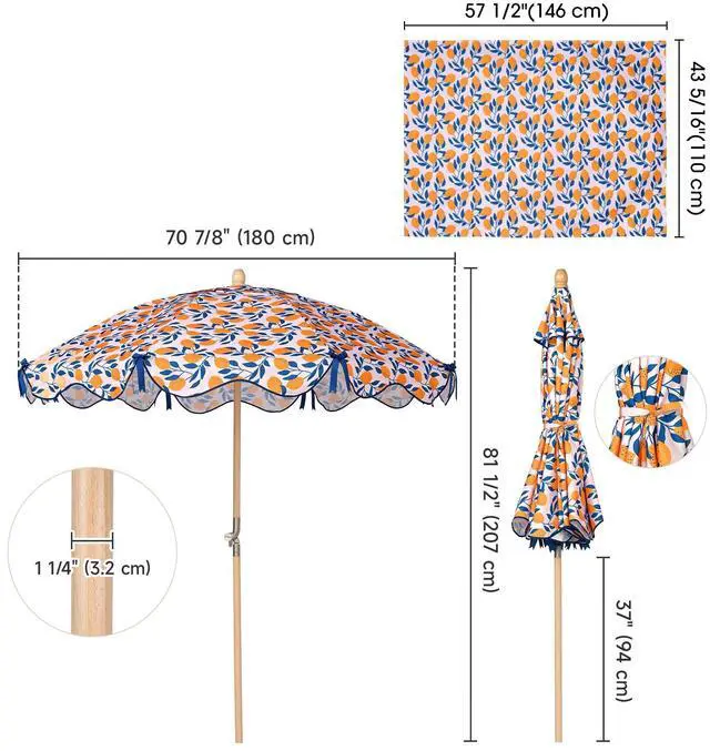 Alt view image 7 of 7 - LAGarden Our Beach Umbrella for 6ft Beech Wood Pole w/ Tablecloth Printed Lemon Tree for Outdoor Garden Summer Event Planning Small Patio Balcony