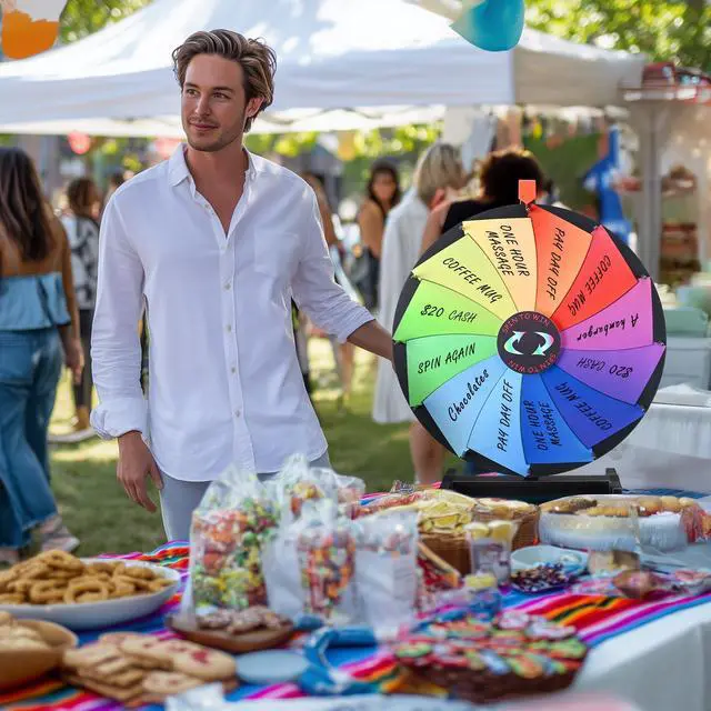 Alt view image 5 of 7 - WinSpin 24" Editable Color Prize Wheel Dry Erase Fortune Spin Game Carnival Tabletop Stand 12 Slots