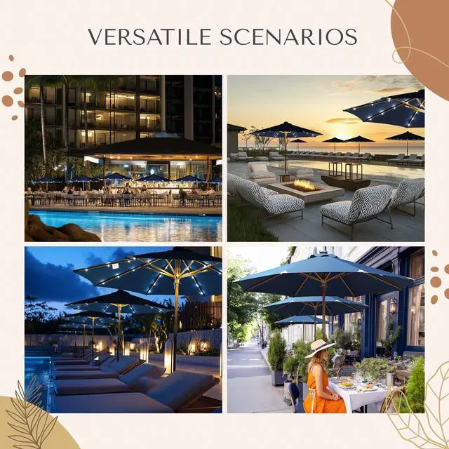 Alt view image 3 of 7 - LAGarden Boho 32 LED 9Ft Wood Market Patio Umbrella with Solar Lights for Bar Hotel Resort Alfresco Dining Rooftop Restauran Navy Blue
