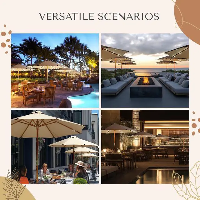 Alt view image 3 of 7 - LAGarden Boho 32 LED 9Ft Wood Market Patio Umbrella with Solar Lights for Bar Hotel Resort Alfresco Dining Rooftop Restauran Mocha
