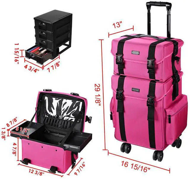 Alt view image 6 of 7 - Byootique Deep Pink 2in1 Rolling Makeup Case Soft Sided Cosmetic Organizer 1680D