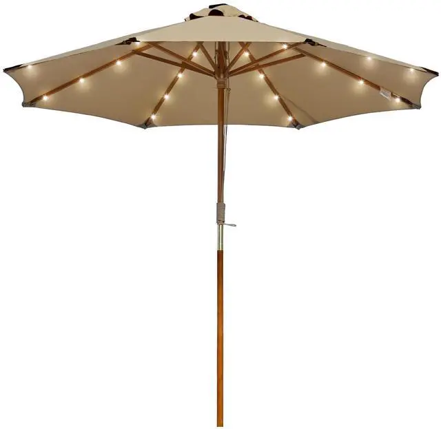 Main image of LAGarden Boho 32 LED 9Ft Wood Market Patio Umbrella with Solar Lights for Bar Hotel Resort Alfresco Dining Rooftop Restauran Mocha
