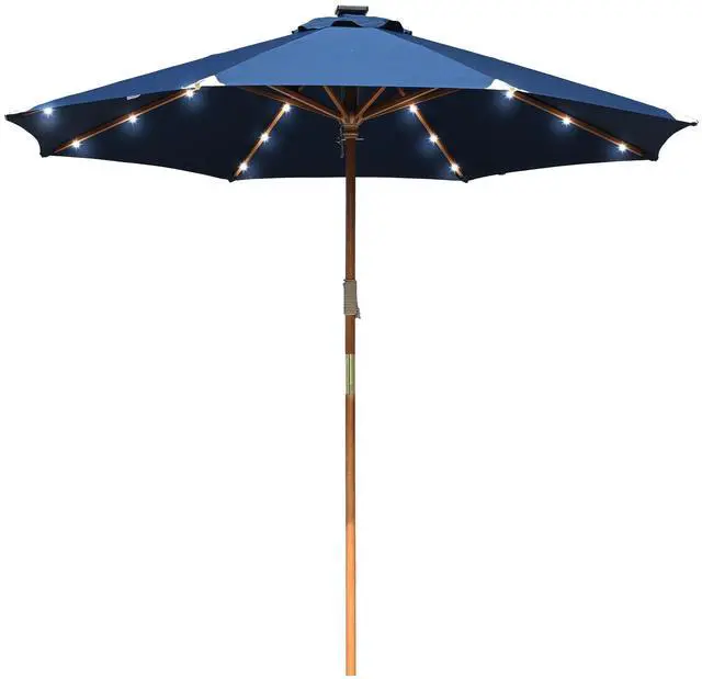 Main image of LAGarden Boho 32 LED 9Ft Wood Market Patio Umbrella with Solar Lights for Bar Hotel Resort Alfresco Dining Rooftop Restauran Navy Blue