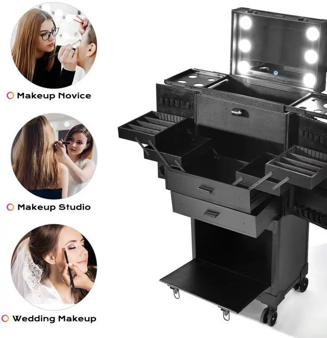 Alt view image 3 of 7 - Byootique® Rolling Makeup Case Pro Hair Stylist Barber Artists Case Multifunction Lighted Lockable