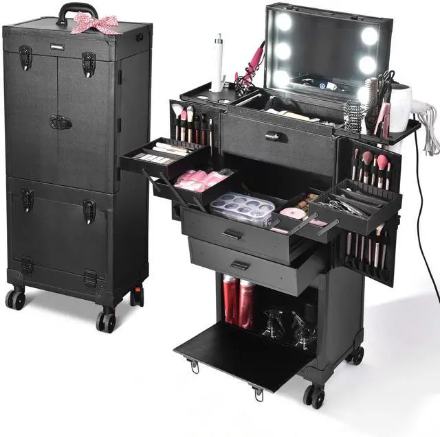 Alt view image 6 of 7 - Byootique® Rolling Makeup Case Pro Hair Stylist Barber Artists Case Multifunction Lighted Lockable
