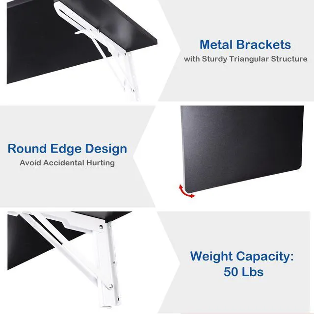 Alt view image 5 of 7 - Yescom Wall Mounted Folding Desk 72 Inch 3 Pack Floating Drop Leaf Bar Table Black 72" Wall Mounted Folding Bar Desk Holds 150 Lbs Total for Outdoor Patio