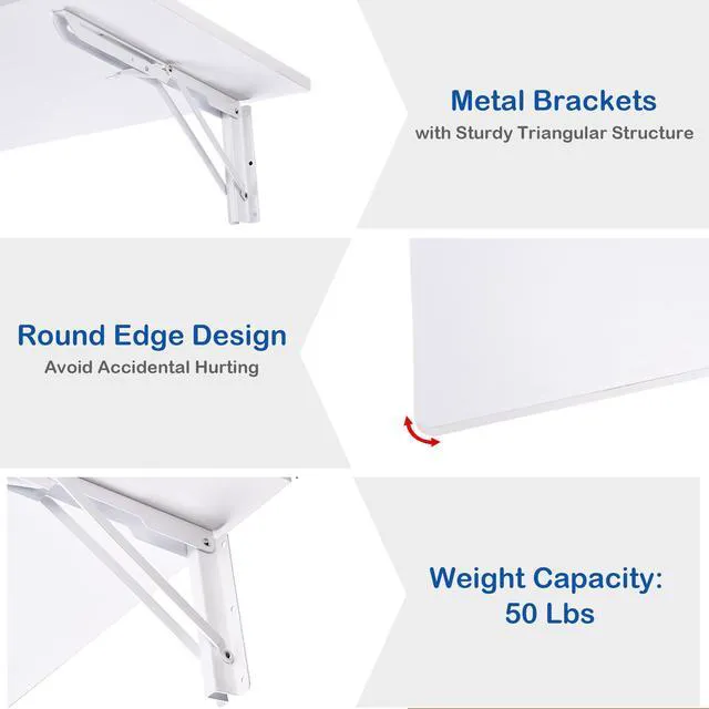 Alt view image 6 of 7 - Yescom Wall Mounted Folding Desk 48 Inch 2 Pack Floating Drop Leaf Bar Table White Mounted Folding Bar Desk 2 Independent Panels Holds 100 Lbs