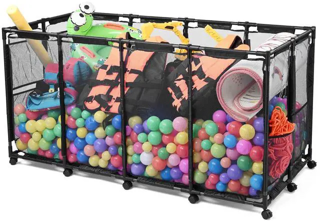 Main image of Yescom Metal Frame Extra Large 12 Wheels Rolling Mesh Pool Storage Bin 65"x 30"x 33" Pool Toy Floats Storage Organizer for Public Pools, Poolside Parties, XXX-Large, Black