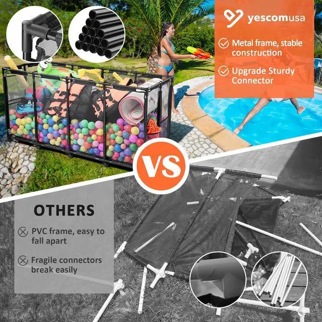 Alt view image 2 of 7 - Yescom Metal Frame Extra Large 12 Wheels Rolling Mesh Pool Storage Bin 65"x 30"x 33" Pool Toy Floats Storage Organizer for Public Pools, Poolside Parties, XXX-Large, Black