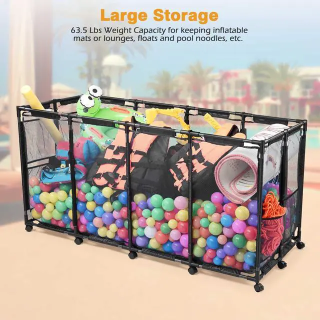 Alt view image 6 of 7 - Yescom Metal Frame Extra Large 12 Wheels Rolling Mesh Pool Storage Bin 65"x 30"x 33" Pool Toy Floats Storage Organizer for Public Pools, Poolside Parties, XXX-Large, Black