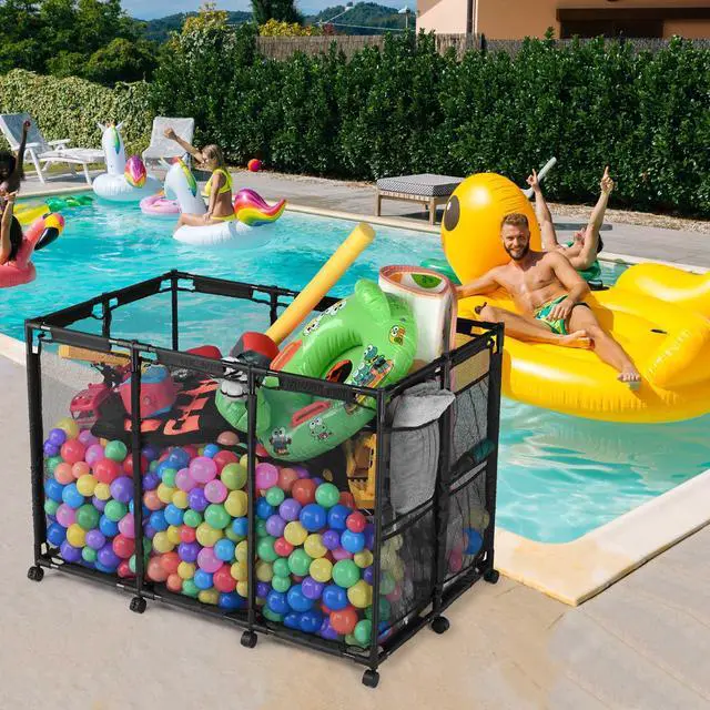 Alt view image 7 of 7 - Yescom Extra Large 12 Wheels Rolling Mesh Pool Storage Bin Metal Frame with Black Mesh Cover Replacement Net