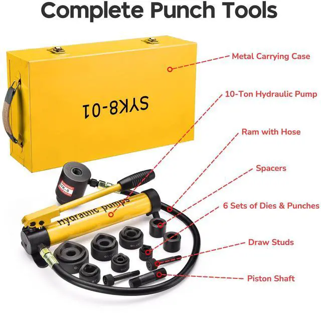 Alt view image 4 of 7 - Yescom 10 Ton Hydraulic Knockout Punch Set 1/2" to 2" Conduit Hole Puncher Tool Kit - Yellow
