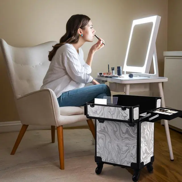 Alt view image 7 of 7 - Byootique Rolling Makeup Train Case Cosmetic Trolley Organizer CB Graystone