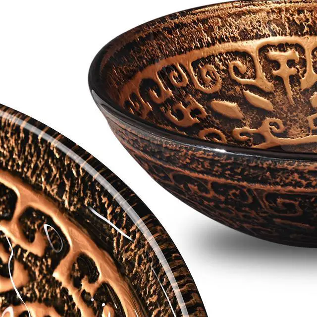Alt view image 7 of 7 - Tempered Glass Round Vessel Sink Antique Totem Pattern Above Counter Bathroom Vanity Bowl Basin