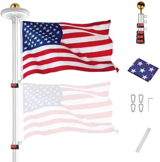 Main image of EZ GO 25 Ft Telescopic Flag Pole Kit with 26 LED Solar Light US Flag Gold Ball