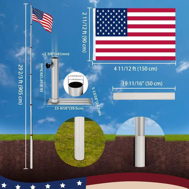 Alt view image 6 of 7 - Yescom 30ft Telescopic Lightweight Aluminum Flagpole Tire Mount Stand Kit 3'x5' US Flag Ball Pole Top