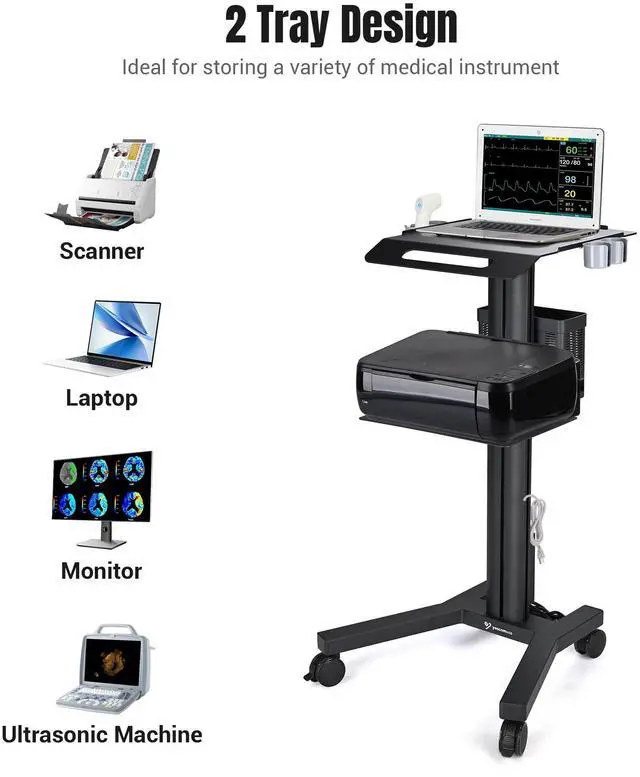 Alt view image 3 of 7 - Yescom 2 Tiers Medical Trolley Mobile Medical Cart Rolling Cart Lab Dental Office
