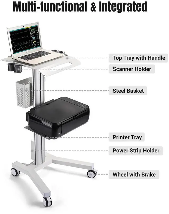 Alt view image 3 of 7 - 2 Tiers Medical Trolley Mobile Medical Cart Rolling Cart Lab Dental Spa Salon