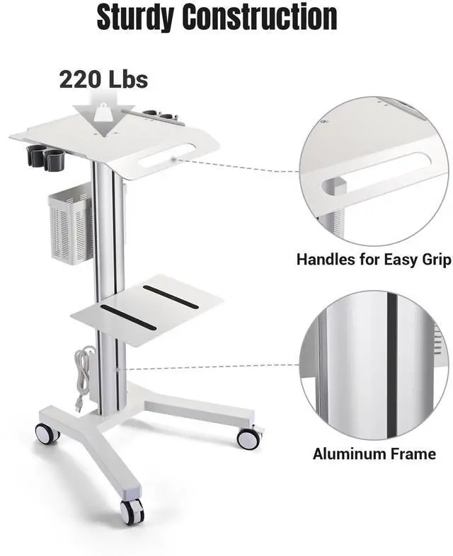 Alt view image 4 of 7 - 2 Tiers Medical Trolley Mobile Medical Cart Rolling Cart Lab Dental Spa Salon