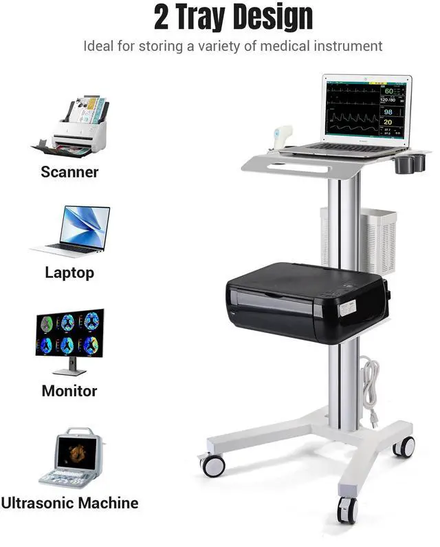 Alt view image 6 of 7 - 2 Tiers Medical Trolley Mobile Medical Cart Rolling Cart Lab Dental Spa Salon