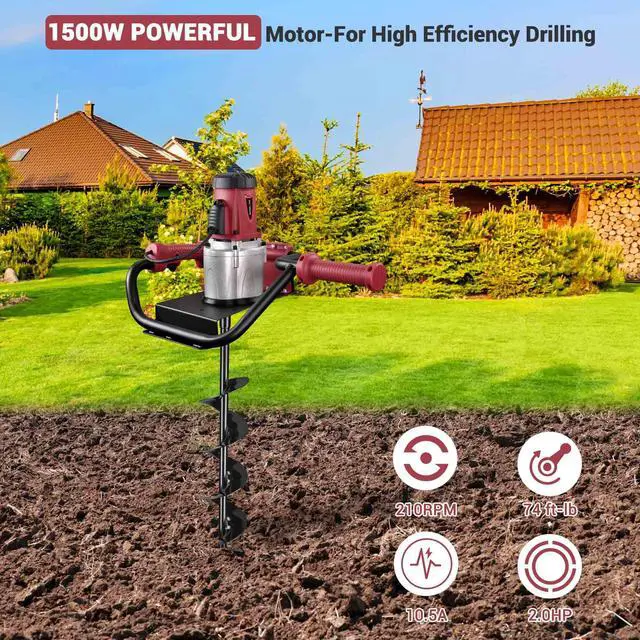 Alt view image 5 of 6 - Yescom 1500W Electric Post Hole Digger Earth Auger Drill 2HP Powerhead 6" 10" Bit Fence