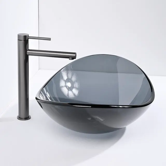 Alt view image 3 of 7 - Aquaterior Oval Tempered Glass Vessel Sink w/ Bathroom Single-Hole Faucet Drain