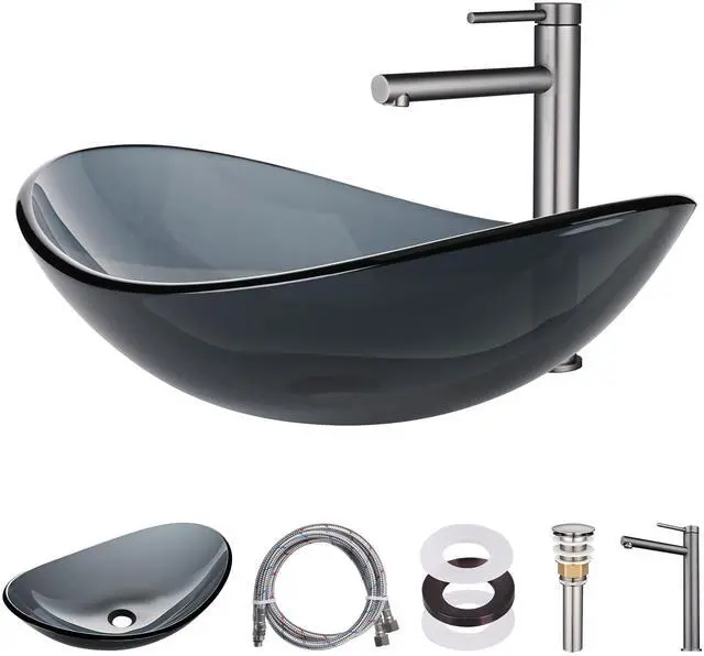 Alt view image 7 of 7 - Aquaterior Oval Tempered Glass Vessel Sink w/ Bathroom Single-Hole Faucet Drain